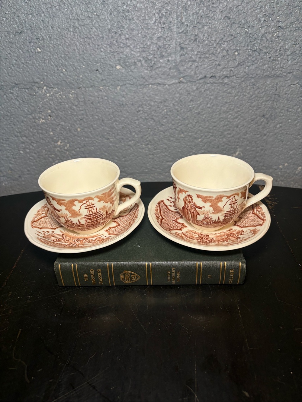 Pair of Vintage Brown Transferware Teacup and Saucer Set